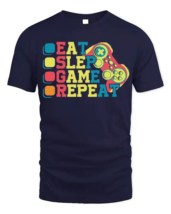 Eat Sleep Game Repeat T-Shirt for Video Game Lovers - navy t-shirt on white background