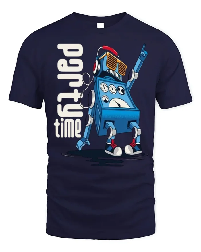 Party Time Robot T-Shirt for Fun Dance Tech Fans - navy t-shirt on white background