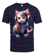 Colorful DJ Cat Headphones Graphic T-Shirt - navy t-shirt on white background