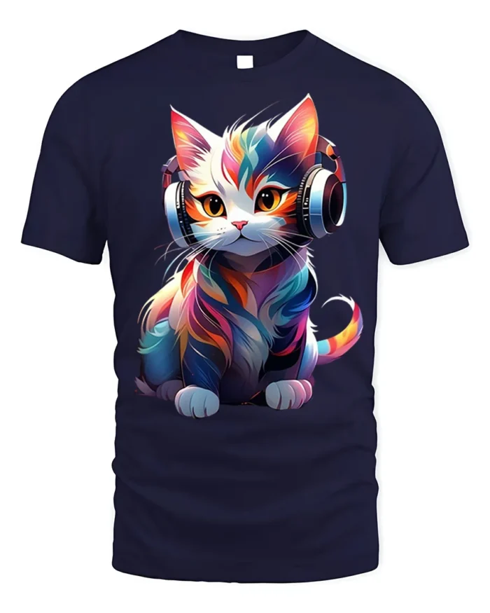 Colorful DJ Cat Headphones Graphic T-Shirt - navy t-shirt on white background