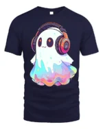 Kawaii DJ Ghost Headphones Halloween T-Shirt - navy t-shirt on white background