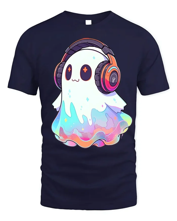 Kawaii DJ Ghost Headphones Halloween T-Shirt - navy t-shirt on white background