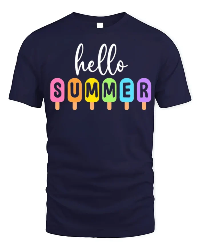 Hello Summer Colorful Popsicle Graphic T-Shirt - navy t-shirt on white background