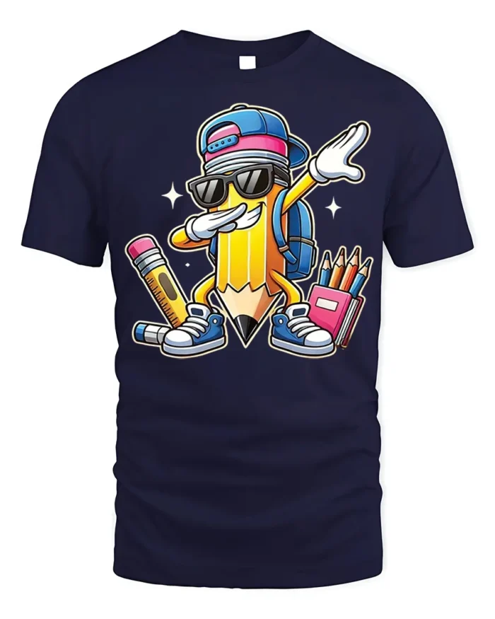 Cool Dabbing Pencil Back to School T-Shirt Kids - navy t-shirt on white background