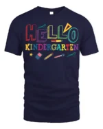 Hello Kindergarten Rainbow School Supplies T-Shirt - navy t-shirt on white background