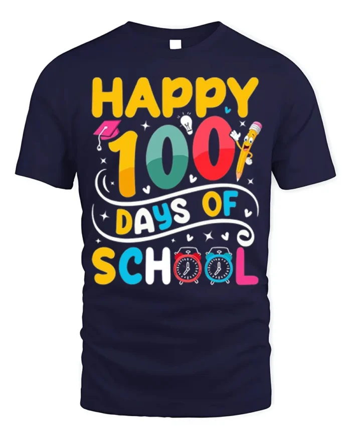 Happy 100 Days of School Fun Kids Celebration T-Shirt - navy t-shirt on white background