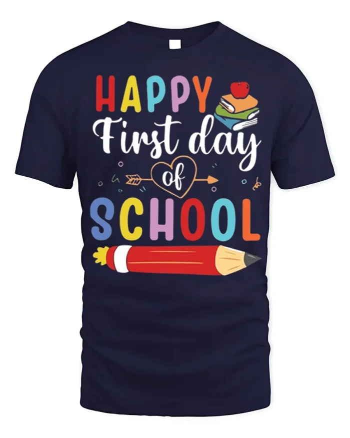 Happy First Day of School Colorful Kids T-Shirt - navy t-shirt on white background