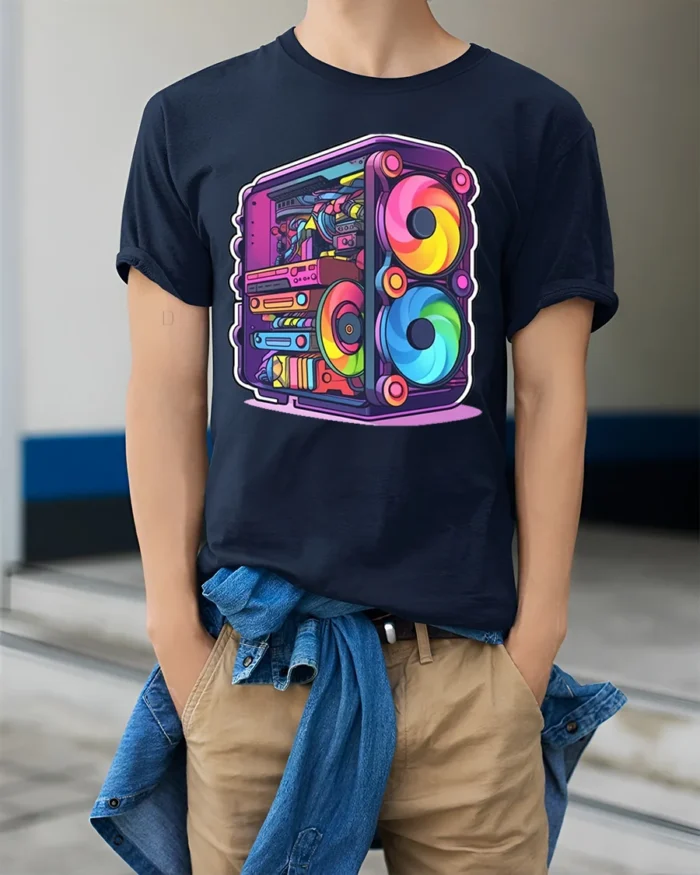 RGB Gaming PC T-Shirt for Tech Geeks and Gamers - model wearing navy shirt, hands in pockets