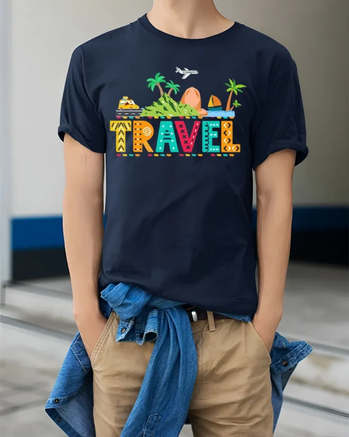 Colorful Travel Adventure T-Shirt for Vacation Lovers - model wearing navy shirt, hands in pockets