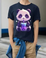 Cute Panda Boba Tea T-Shirt for Bubble Tea Lovers - model wearing navy shirt, hands in pockets