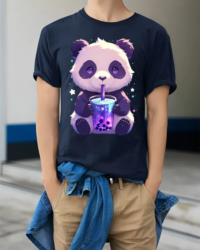 Cute Panda Boba Tea T-Shirt for Bubble Tea Lovers - model wearing navy shirt, hands in pockets