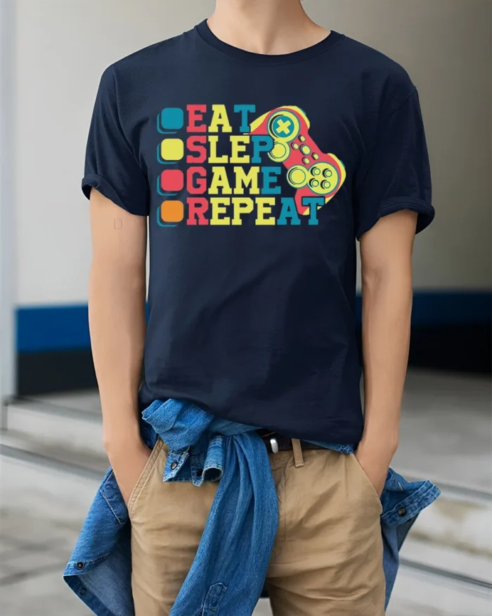 Eat Sleep Game Repeat T-Shirt for Video Game Lovers - model wearing navy shirt, hands in pockets