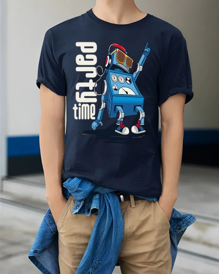 Party Time Robot T-Shirt for Fun Dance Tech Fans - model wearing navy shirt, hands in pockets