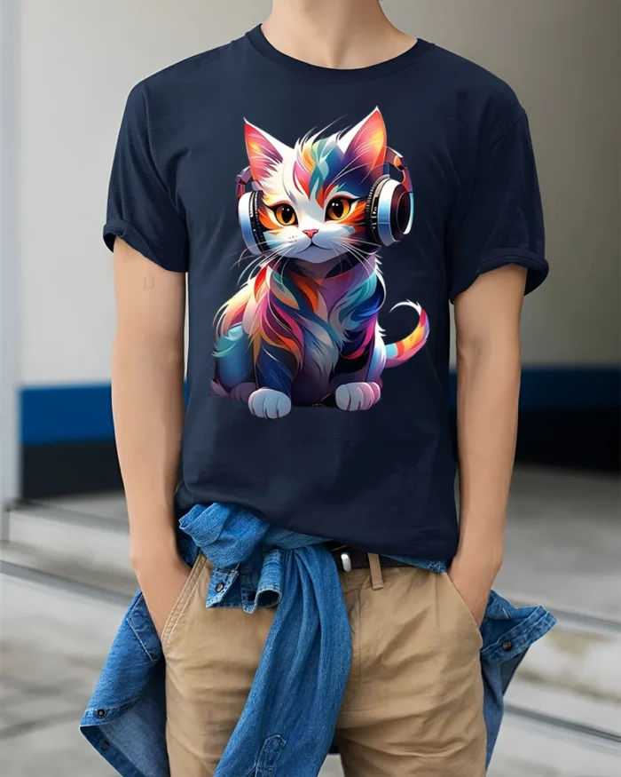 Colorful DJ Cat Headphones Graphic T-Shirt - model wearing navy shirt, hands in pockets