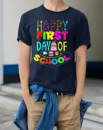 Happy First Day of School T-Shirt for Kids Teachers - model wearing navy shirt, hands in pockets