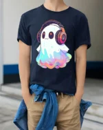 Kawaii DJ Ghost Headphones Halloween T-Shirt - model wearing navy shirt, hands in pockets