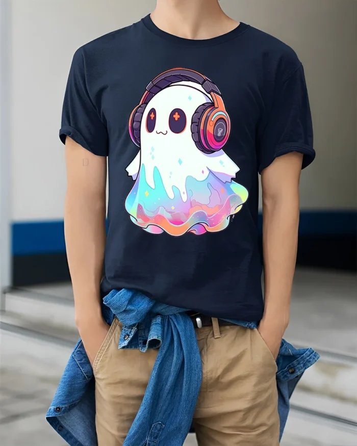 Kawaii DJ Ghost Headphones Halloween T-Shirt - model wearing navy shirt, hands in pockets