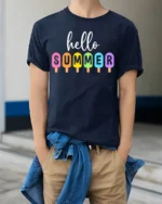 Hello Summer Colorful Popsicle Graphic T-Shirt - model wearing navy shirt, hands in pockets