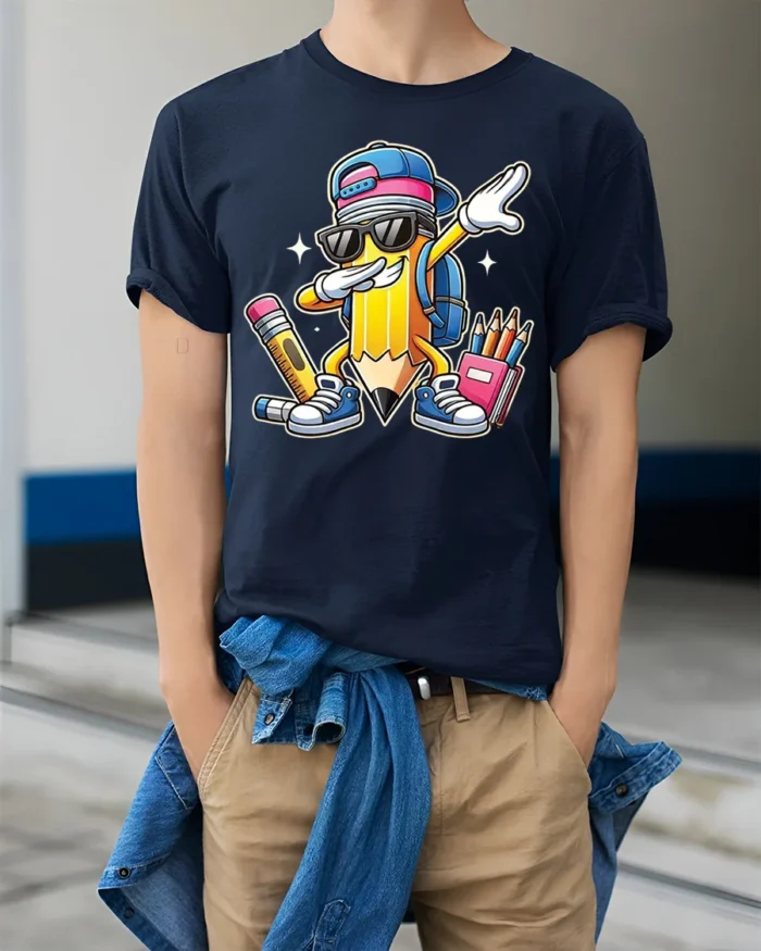Cool Dabbing Pencil Back to School T-Shirt Kids - model wearing navy shirt, hands in pockets
