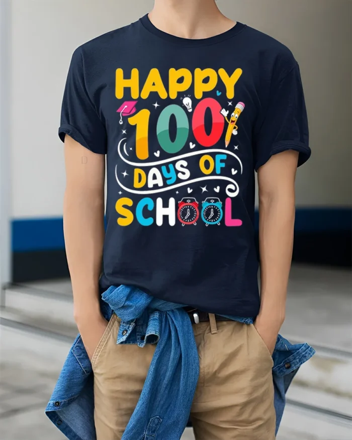 Happy 100 Days of School Fun Kids Celebration T-Shirt - model wearing navy shirt, hands in pockets
