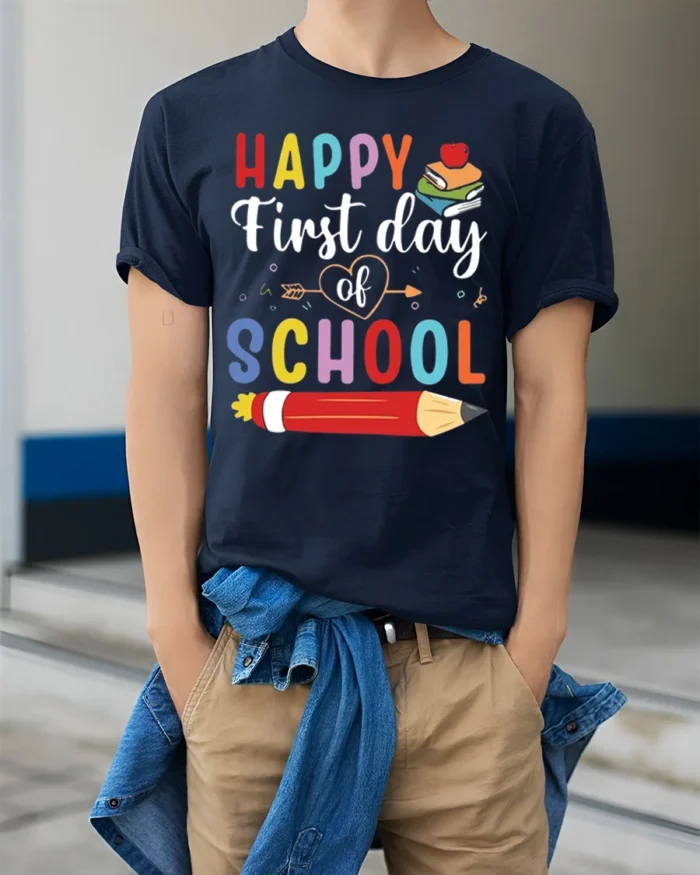 Happy First Day of School Colorful Kids T-Shirt - model wearing navy shirt, hands in pockets