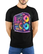 RGB Gaming PC T-Shirt for Tech Geeks and Gamers - model wearing black shirt, hands behind back