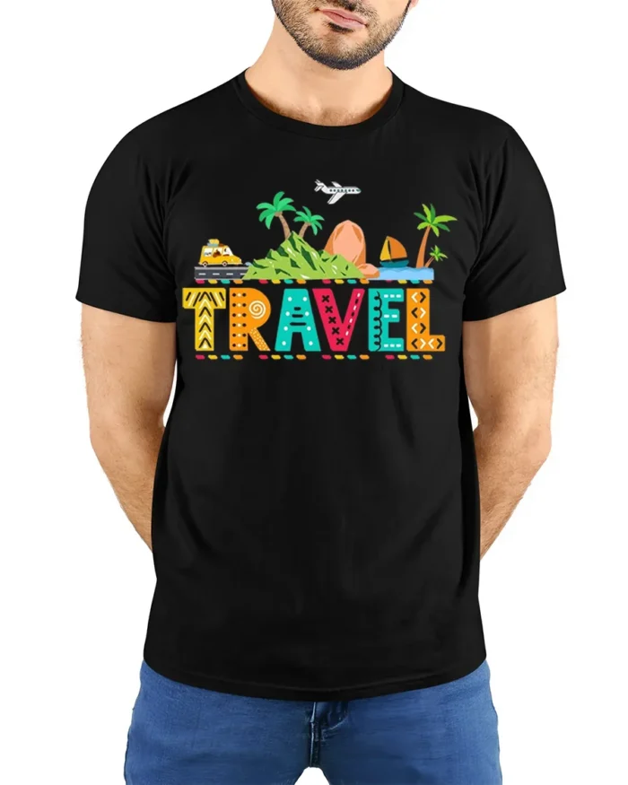 Colorful Travel Adventure T-Shirt for Vacation Lovers - model wearing black shirt, hands behind back