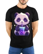 Cute Panda Boba Tea T-Shirt for Bubble Tea Lovers - model wearing black shirt, hands behind back