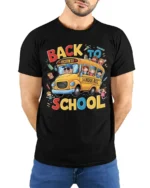 Back to School T-Shirt with Fun Yellow School Bus Print - model wearing black shirt, hands behind back