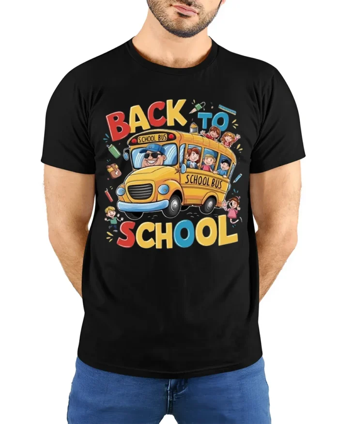 Back to School T-Shirt with Fun Yellow School Bus Print - model wearing black shirt, hands behind back