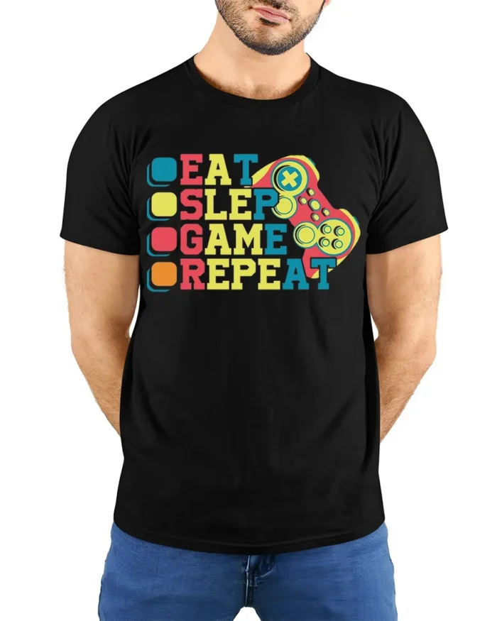 Eat Sleep Game Repeat T-Shirt for Video Game Lovers - model wearing black shirt, hands behind back