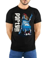 Party Time Robot T-Shirt for Fun Dance Tech Fans - model wearing black shirt, hands behind back