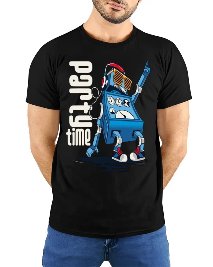 Party Time Robot T-Shirt for Fun Dance Tech Fans - model wearing black shirt, hands behind back