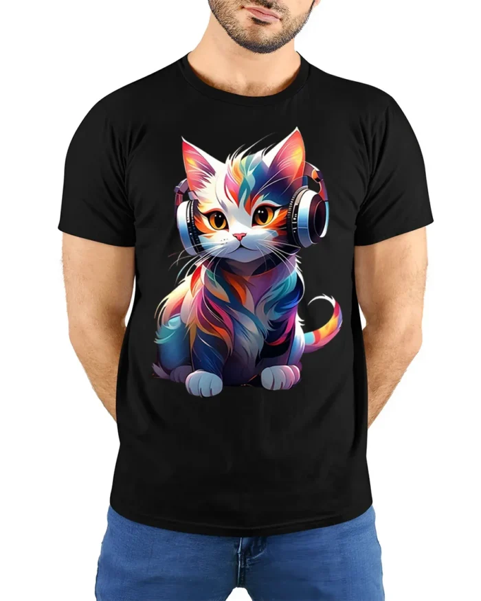 Colorful DJ Cat Headphones Graphic T-Shirt - model wearing black shirt, hands behind back