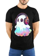 Kawaii DJ Ghost Headphones Halloween T-Shirt - model wearing black shirt, hands behind back