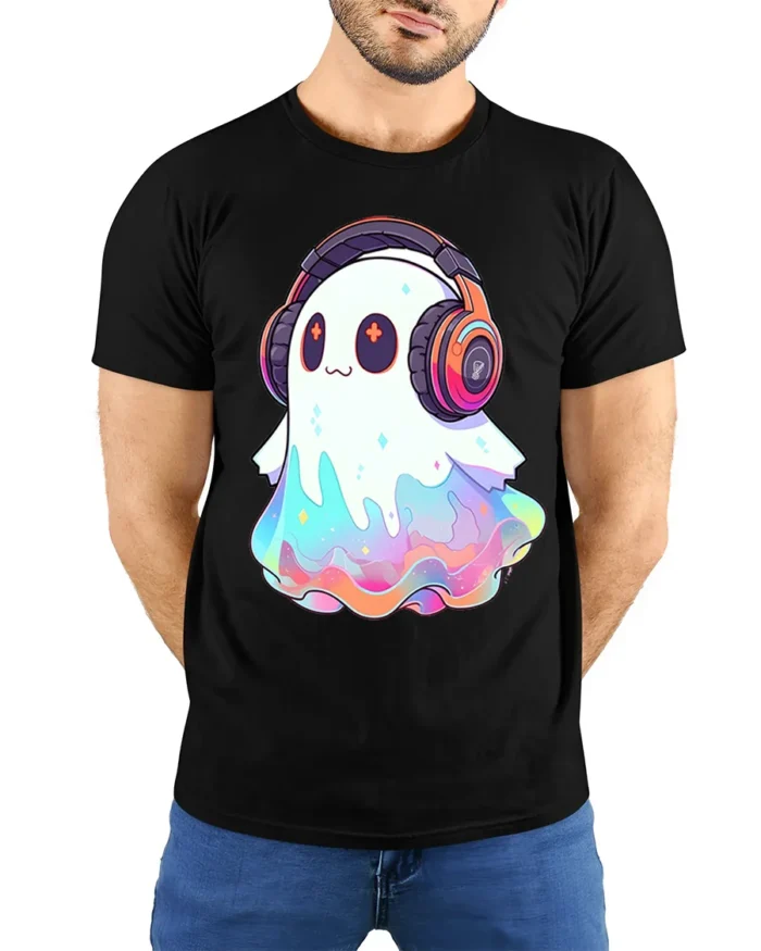 Kawaii DJ Ghost Headphones Halloween T-Shirt - model wearing black shirt, hands behind back