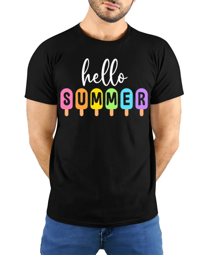 Hello Summer Colorful Popsicle Graphic T-Shirt - model wearing black shirt, hands behind back