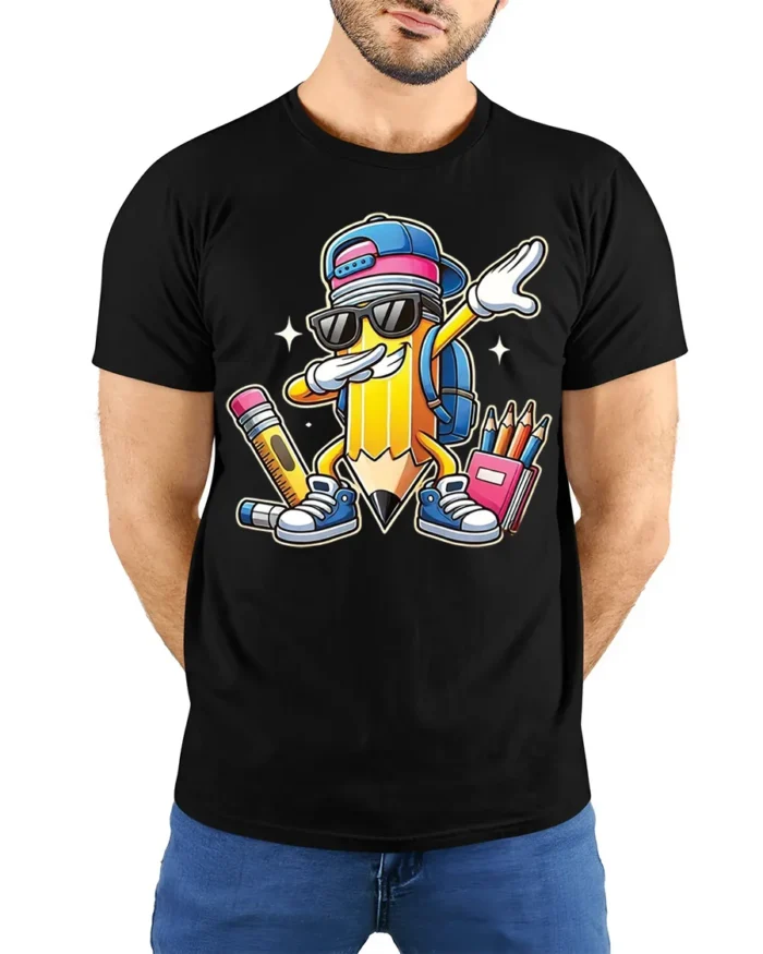 Cool Dabbing Pencil Back to School T-Shirt Kids - model wearing black shirt, hands behind back