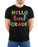 Hello 6th Grade Colorful Back to School T-Shirt - model wearing black shirt, hands behind back