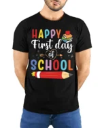 Happy First Day of School Colorful Kids T-Shirt - model wearing black shirt, hands behind back