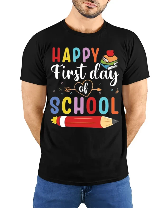 Happy First Day of School Colorful Kids T-Shirt - model wearing black shirt, hands behind back