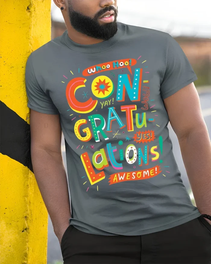 Congratulations Celebration Graphic T-Shirt Gift - model in grey shirt leaning against column