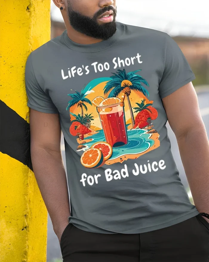 Life’s Too Short for Bad Juice Funny Beach T-Shirt - model in grey shirt leaning against column