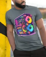 RGB Gaming PC T-Shirt for Tech Geeks and Gamers - model in grey shirt leaning against column