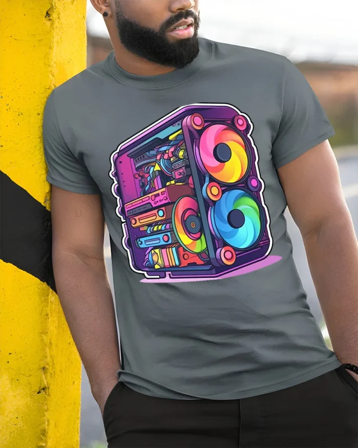 RGB Gaming PC T-Shirt for Tech Geeks and Gamers - model in grey shirt leaning against column