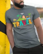 Colorful Travel Adventure T-Shirt for Vacation Lovers - model in grey shirt leaning against column