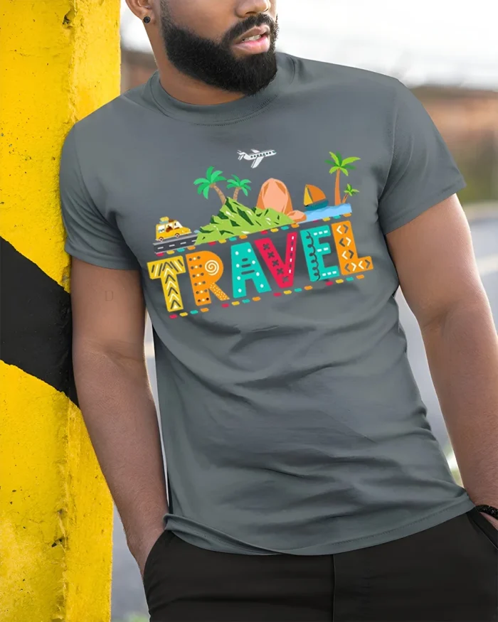Colorful Travel Adventure T-Shirt for Vacation Lovers - model in grey shirt leaning against column