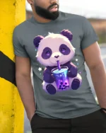 Cute Panda Boba Tea T-Shirt for Bubble Tea Lovers - model in grey shirt leaning against column