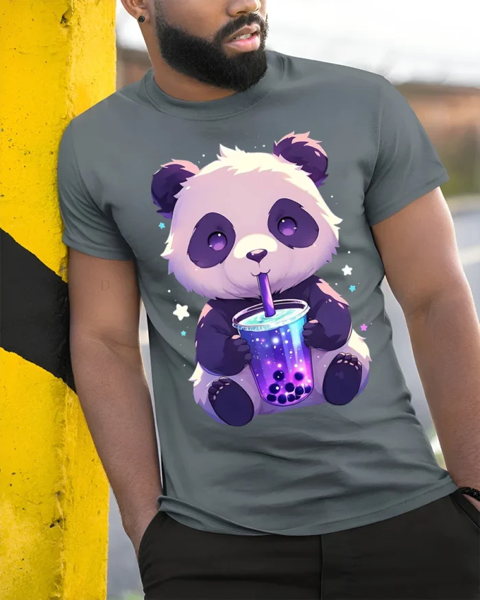 Cute Panda Boba Tea T-Shirt for Bubble Tea Lovers - model in grey shirt leaning against column