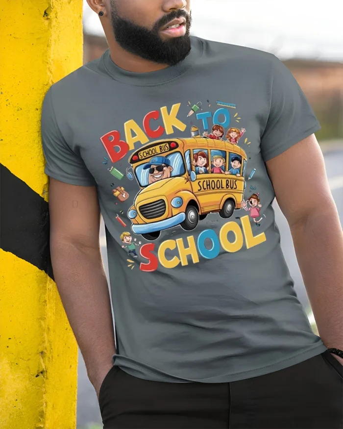 Back to School T-Shirt with Fun Yellow School Bus Print - model in grey shirt leaning against column